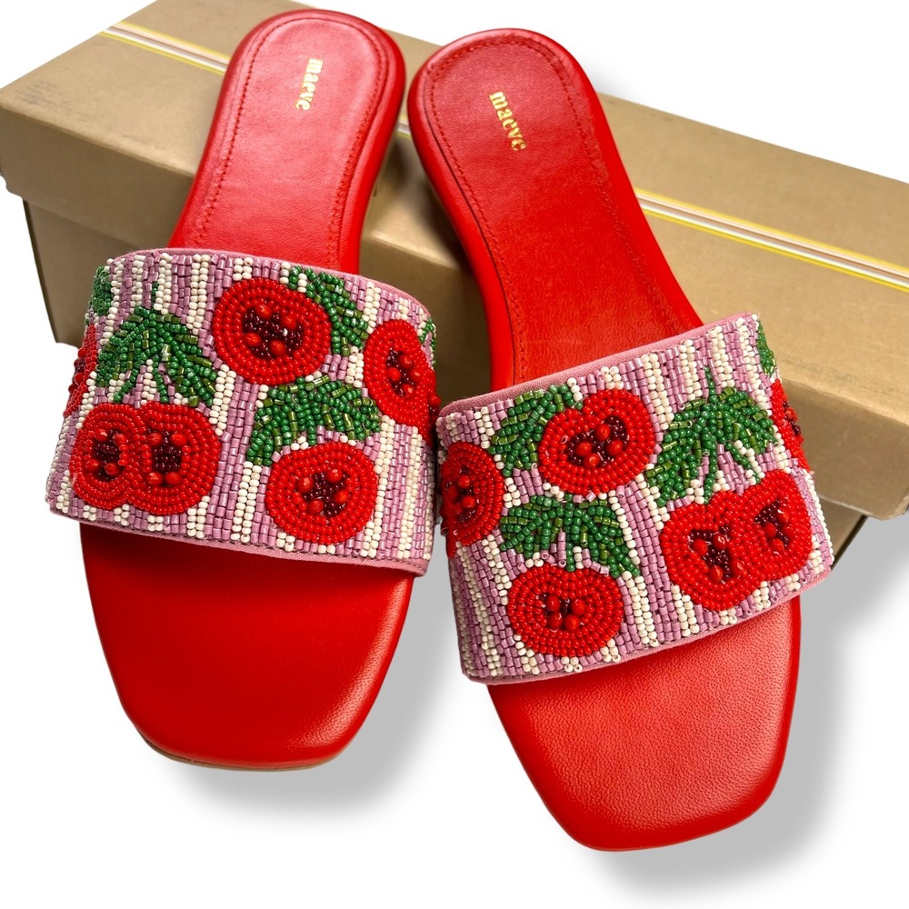 NWT Anthropologie Maeve Beaded Cherries Flat Sandals Sz 6/6.5 Cherry‎ Red $140